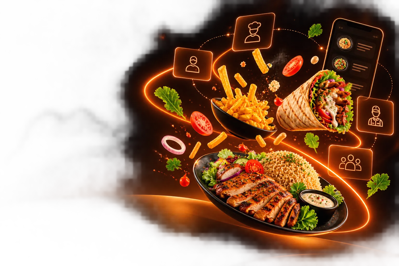 Plates of food linked by glowing lines to icons for staff, chefs, delivery riders and the Staff Meal app