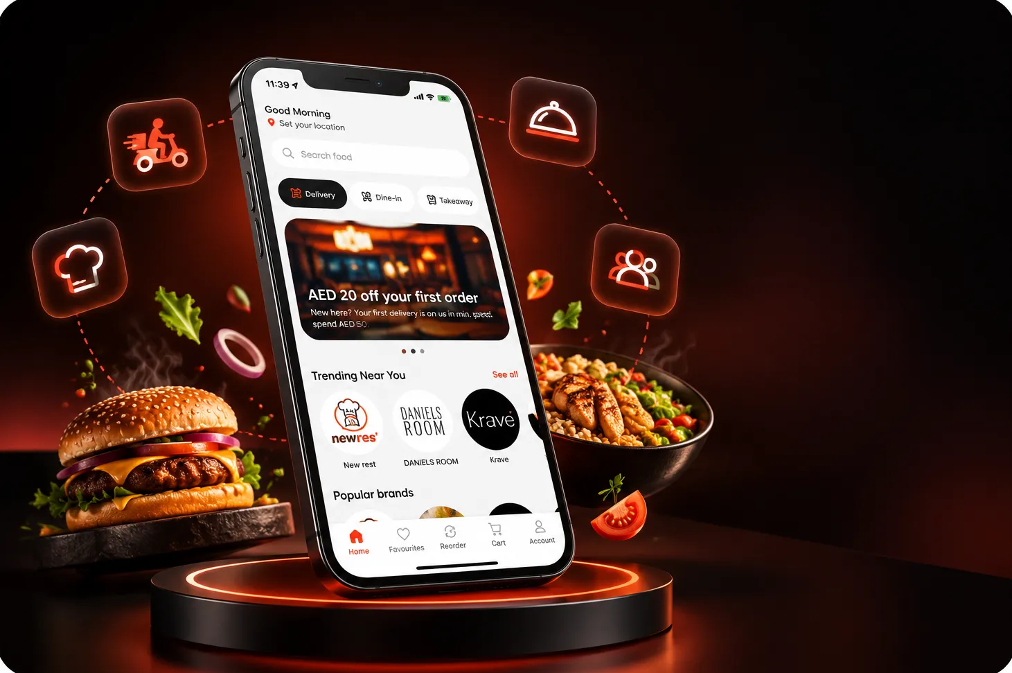 The Staff Meal app on a phone, surrounded by food and icons for delivery, dine-in, chefs and staff