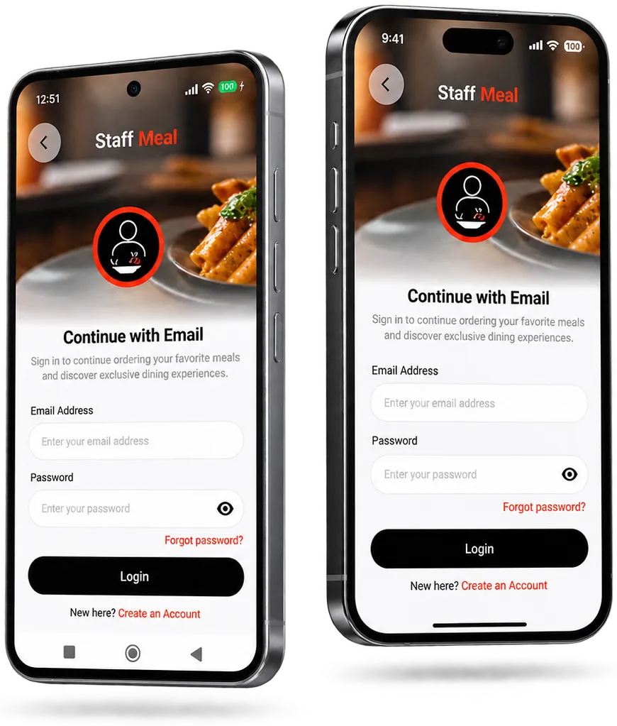 Two phones showing the Staff Meal app's login screen